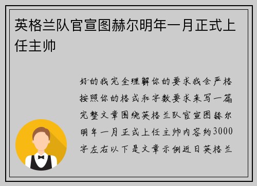 英格兰队官宣图赫尔明年一月正式上任主帅