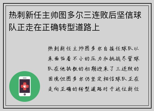 热刺新任主帅图多尔三连败后坚信球队正走在正确转型道路上